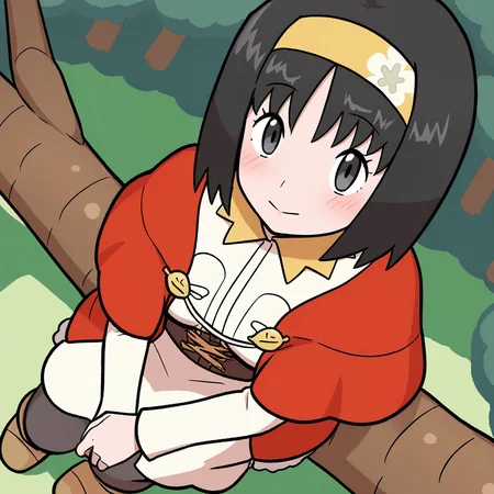 2d, masterpiece, best quality, amazing quality, highres, absurdres, newest, 1girl, solo, sitting, on branch, forest, nature, from above, dutch angle, looking at viewer, medium breasts, mature female, holerika, grey eyes, black hair, short hair, bangs, yellow hairband, white dress, collared dress, long dress, brown sash, long sleeves, red jacket, floral print, black pantyhose, ankle boots, brown footwear