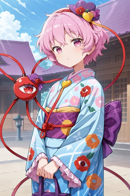 absurdres, highres, masterpiece, best quality, amazing quality, official anime artwork, screencap, anime screencap, looking at viewer, outdoors,
<lora:Komeiji-Satori_IllustriousV2:1> komeiji satori, 1girl, solo, pink eyes, pink hair, short hair, third eye,, komeiji satori \(travel safety satori youkai\), alternate costume, mini hat, purple hat, hat flower, heart hat ornament, multicolored kimono, blue kimono, floral print kimono, eyeball, eyeball print, wide sleeves, lace-trimmed sleeves, furisode, back bow, purple bow,