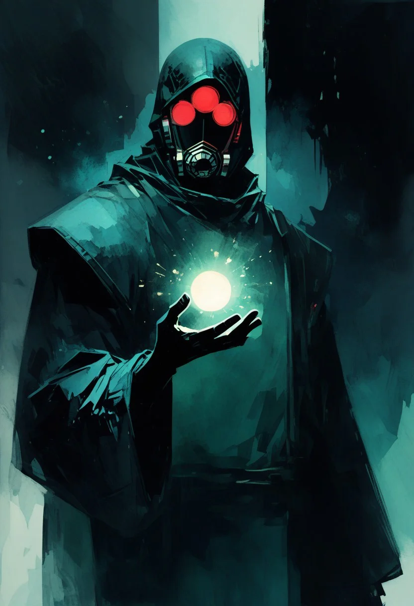 score_9, score_8_up, score_7_up, ((watercolor style)), An imposing cyberspace warrior, standing amidst a futuristic cityscape dominated by skyscrapers covered in glowing cybernetic data, multimedia graphics, and media. His form is made of shiny metallic hues, with gold circuitry and blue-green LED lights running across his skin. His eyes gleam like moving stock quotes, filled with numbers, and his loose robe is composed of spiraling encrypted digital symbols, programming language, and data and information streams. In one hand, he holds a large glowing orb representing the digital world, with blue and red languages ​​chaotically interacting within it. In the other hand, he holds another orb representing the connectivity between the digital and real worlds. The background is alive with flickering screens, fluctuating code, and skyscrapers bending and shifting as if responding to her will. His expression is intense and commanding, embodying the volatility and power of the Internet reflected in the shifting lights around his. nvcmsdx