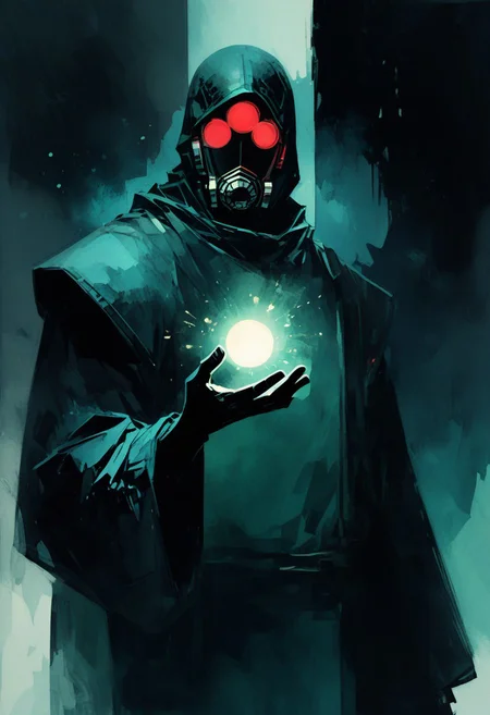 score_9, score_8_up, score_7_up, ((watercolor style)), An imposing cyberspace warrior, standing amidst a futuristic cityscape dominated by skyscrapers covered in glowing cybernetic data, multimedia graphics, and media. His form is made of shiny metallic hues, with gold circuitry and blue-green LED lights running across his skin. His eyes gleam like moving stock quotes, filled with numbers, and his loose robe is composed of spiraling encrypted digital symbols, programming language, and data and information streams. In one hand, he holds a large glowing orb representing the digital world, with blue and red languages chaotically interacting within it. In the other hand, he holds another orb representing the connectivity between the digital and real worlds. The background is alive with flickering screens, fluctuating code, and skyscrapers bending and shifting as if responding to her will. His expression is intense and commanding, embodying the volatility and power of the Internet reflected in the shifting lights around his. nvcmsdx