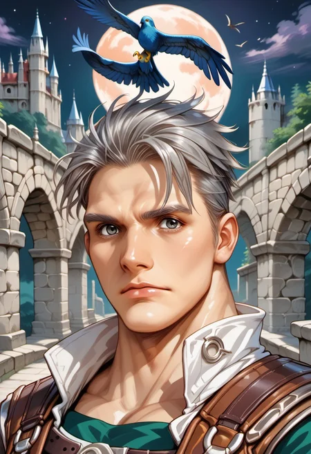score_9, score_8_up, score_7_up, source_anime, Nathan standing with a single large hawk flying behind him, natgra2, gray eyes, short hair, silver hair, steel greaves, plated footwear, brown skirt, black pants, green shirt, brown leather vest, silver belts, white gloves, silver chest plate, looking at viewer, (((hawk))), csdb, castle background, stone bridge, bright moon, night, (((large hawk))),