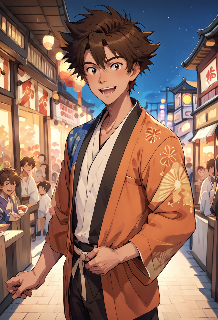 score_9,score_8_up,  <lora:YagamiTaichi:1>,yagami taichi, 1boy, <lora:OtherStyle_06:0.6>,brown hair, brown eyes,festival, kimono, open mouth, smile,night sky,