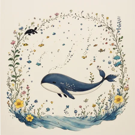 <lora:Delicate_WhimsySDXL:1> ArsMJStyle, Delicate Whimsy, The image shows a drawing of a whale swimming in the ocean surrounded by flowers butterflies and other aquatic animals., flower, whale, no humans, yellow flower, bird, dolphin, traditional media, fish, water, blue flower