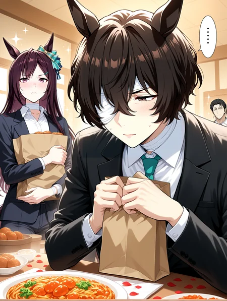 IllustriousQual <lora:cfg_scale_boost:0.3> <lora:StS-Illustrious-Detail-Slider-v1.0:3>,detailed_background,indoors,sparkle,mole above mouth,food,jacket,bandaged neck,bandages,light blush,no mouth,necktie,black jacket,chirol choko,male focus,2boys,hair between eyes,white shirt,spoken ellipsis,long sleeves,petals,black hair,short hair,closed mouth,shiroi tansu,holding bag,umamusume,suit,collared shirt,blush,shirt,mejiro dober \(umamusume\),brown hair,brown eyes,jikkyou powerful pro yakyuu \(style\),dazai osamu \(bungou stray dogs\),sweatdrop,highres,mole,chibi only,paper bag,one eye covered,animal ears,coat,absurdres,jikkyou powerful pro yakyuu,horse girl,sakaguchi ango,bag