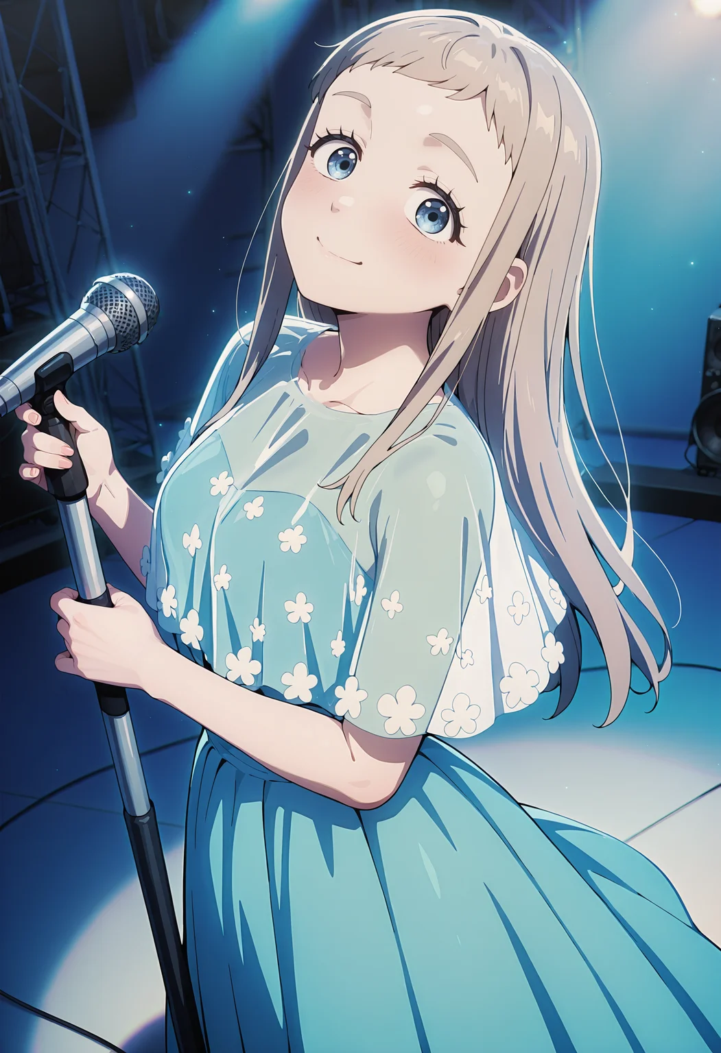 best quality, amazing quality, perfect quality, high quality, masterpiece, absolutely eye-catching BREAK
<lora:WIND_BREAKER_-_Shizuka_Narita:1> WindNarita, blue eyes, brown hair, long hair, long sidelocks, short bangs BREAK
see-through capelet, floral print, blue long dress, white pumps BREAK
spotlights, stage, blue lights, dark blue walls, light particles BREAK
1girl, solo, standing, microphone stand, holding microphone, smile, head tilt, dutch angle, from above, looking at viewer