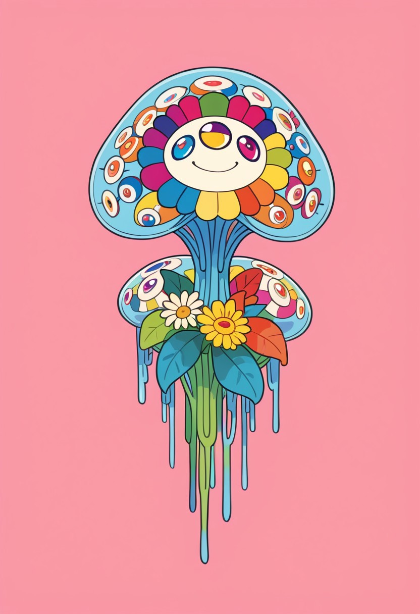 score_9, score_8_up, score_7_up, 
(solo:1.3), 1other, alien creature, monster, claws, 
flat color, no lineart, simple background, no humans, happy, smile, joy, 
heterochromia, flower, multicolored eyes, looking at viewer, full body, animal, multiple eyes, 
jellyfish, starfish, magic, alien, lama