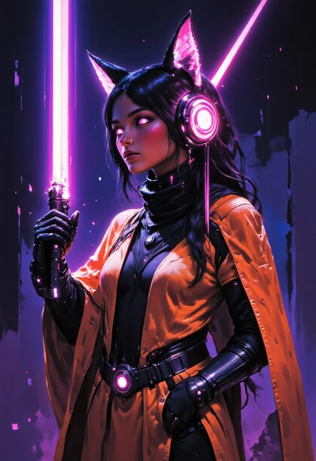 painted world, Comic art style, full body artwork of a Female augmented human with loose black and orange hair, punk clothes, holding a purple lightsaber, glowing-neon-trim, cyberpunk, portrait, glowing slit-pupil eyes, razr kitty style mechanical cat-ear headphones, cybernetic limbs, cyberpunk neon city background, rain, detail, Frank Frazetta fantasy oil painting