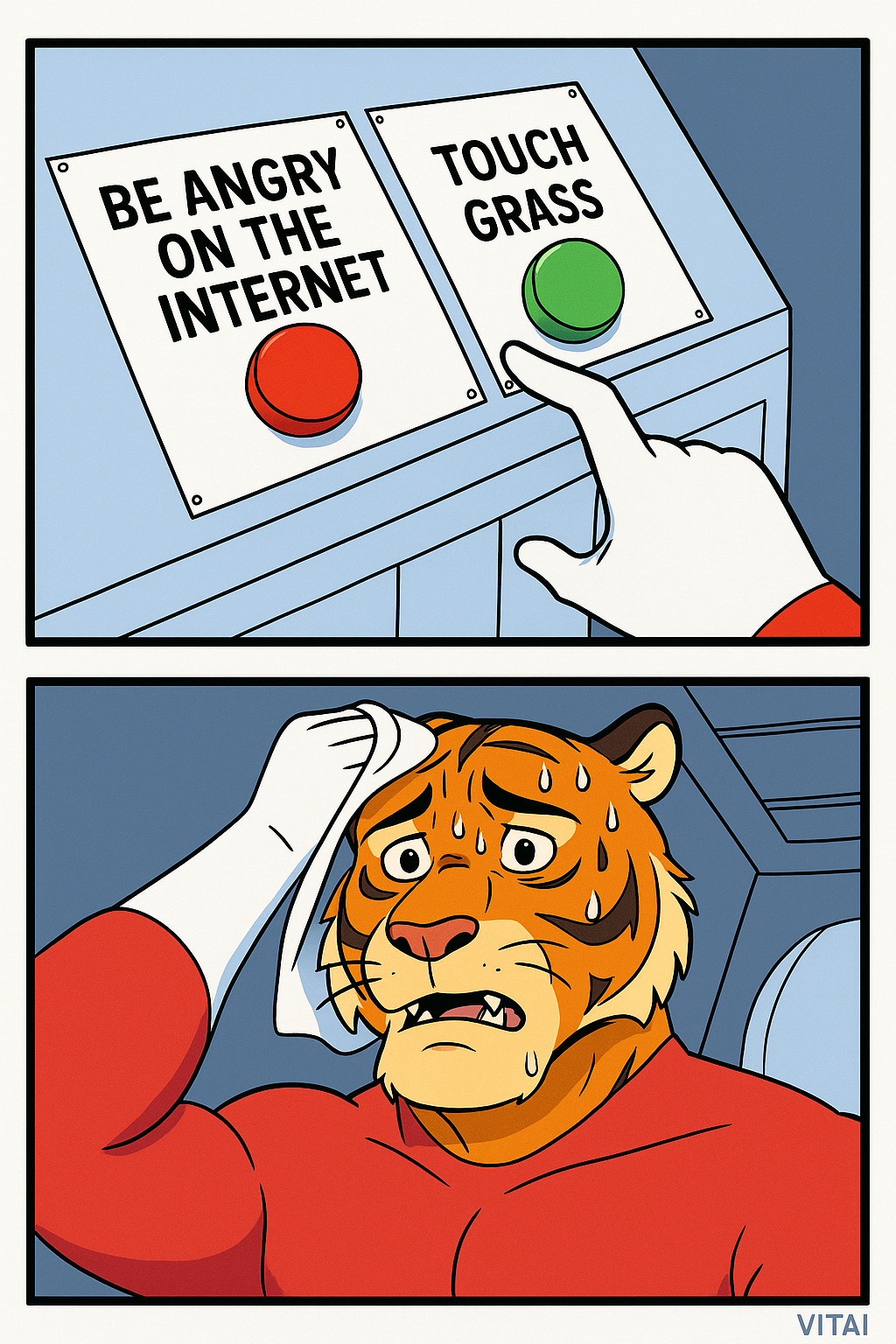 image in this style of meme except make the character an anthropomorphic tiger man and have one button as "Be angry on the internet" and the other button green with text "Touch Grass"
