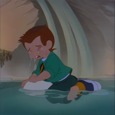 gustroll, 1boy, human, brown hair, freckles, closed eyes, white undershirt, green shirt with yellow bolt, (big water cave), green pants, yellow socks, blue footwear, in pool of tears, crying, <lora:Gus_A_Troll_In_Central_Park:1>