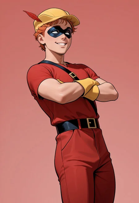 masterpiece, absurdres, high quality, perfect anatomy, 1boy, solo, cute boy, male focus, Speedy, Orange Hair, Domino Mask, White Eyes, Yellow Cap, Red Tunic, Red Pants, Yellow Gloves, smug smile, parted lips, arms crossed, cinematic, intricately detailed illustration, depth of field, masterpiece, best quality, amazing quality, very aesthetic, absurdres, newest, very awa, shadow, dynamic angle, casual cosplay, dynamic pose, simple background, red theme