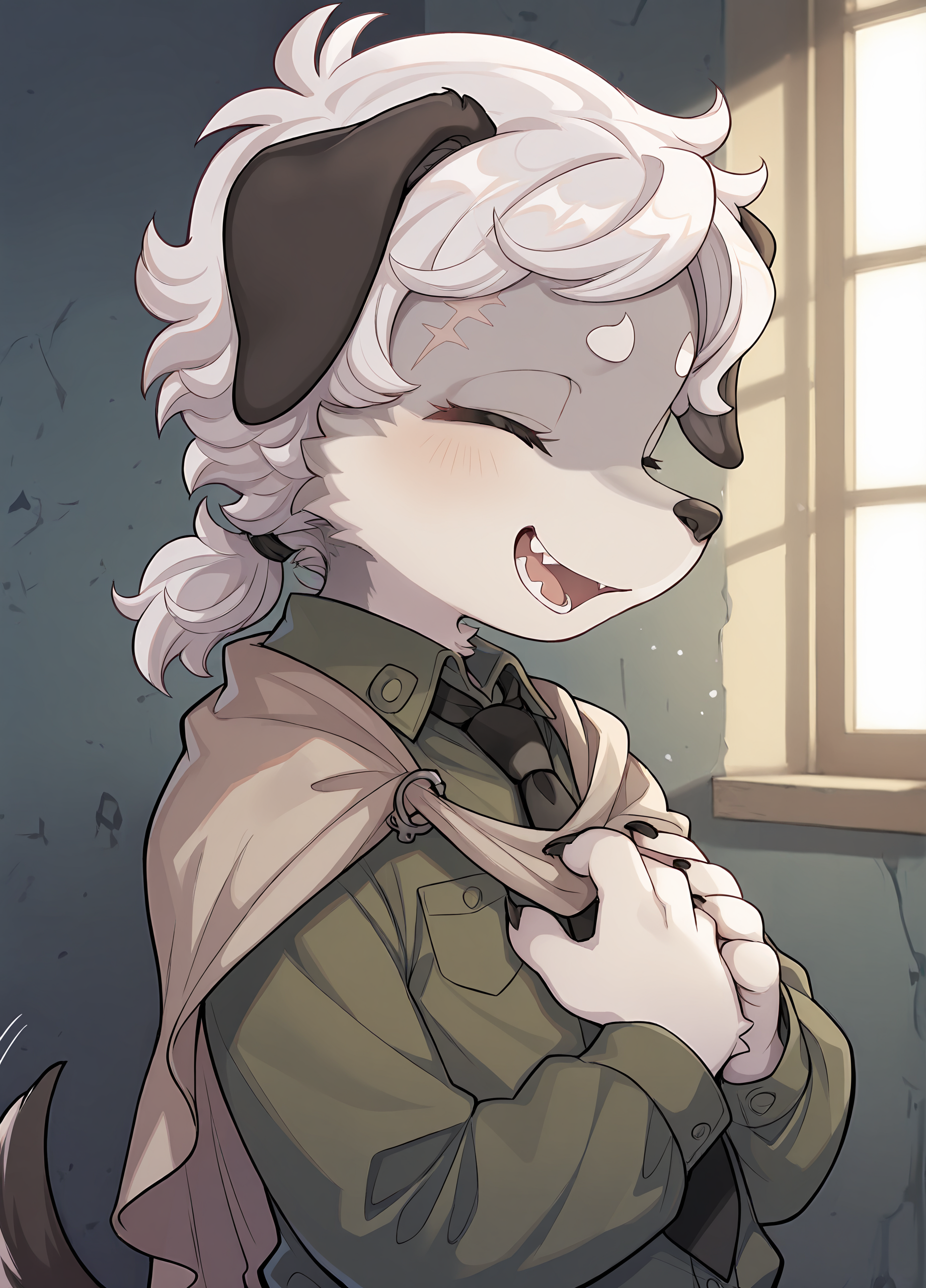 masterpiece, best quality, very aesthetic, newest, absurdres, highly-detailed, ultra-detailed, cinematic lighting, dramatic lighting, pastel colors,
BREAK, <lora:Britz_Strudel:1>, britz strudel, fuga: melodies of steel, kemono, furry male, young male, 1boy, dog boy, grey fur, beige fur, multicolored fur, grey eyes, short hair, white hair, scar above right eye, animal ears, dog ears, floppy ears, dog tail, brown tail, Fuga 2 appearance, wavy hair, soft curls, ponytail, claws,
BREAK, Fuga 2 Outift, olive green button-up shirt, rugged cape, beige cape, black necktie,
BREAK, solo, half body, hands together, hands on chest, eyes closed, smile, laughing, amused, fangs,