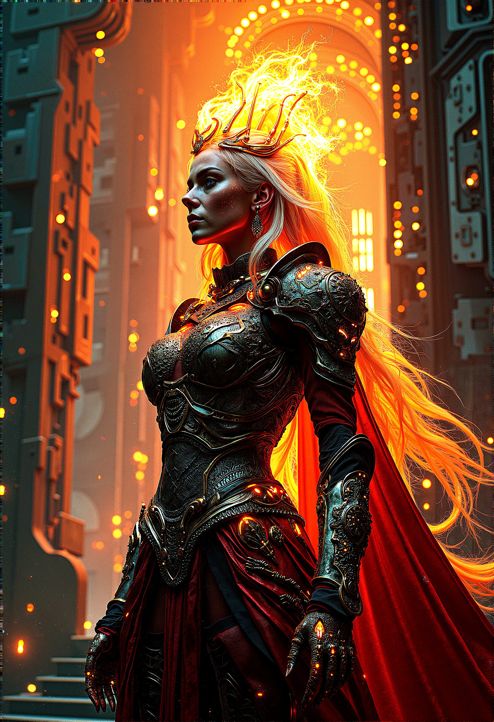 photorealistic image of a warrior queen with fire-infused scale armor, her hair blazing like a crown, in a digital fortress with intricate circuit patterns and neon lights, combining elements of fantasy and futuristic technology, glowing circuitry and fire reflections, ultra-detailed textures, dramatic lighting, next-gen graphics, high-definition, complex composition, cinematic




cinematic scene, cinematic lighting, intricate detail skin and facial texture, lifelike expression, accurate character design, dynamic pose, interesting and complex background details, 



 














