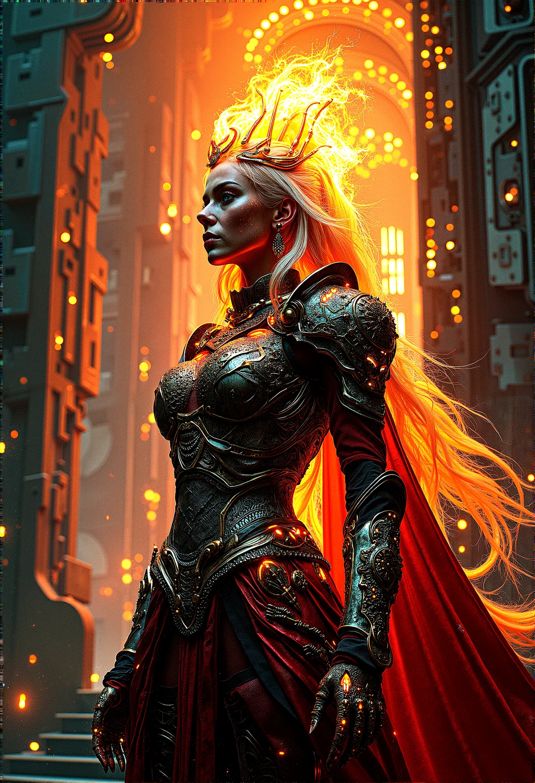 photorealistic image of a warrior queen with fire-infused scale armor, her hair blazing like a crown, in a digital fortress with intricate circuit patterns and neon lights, combining elements of fantasy and futuristic technology, glowing circuitry and fire reflections, ultra-detailed textures, dramatic lighting, next-gen graphics, high-definition, complex composition, cinematic
cinematic scene, cinematic lighting, intricate detail skin and facial texture, lifelike expression, accurate character design, dynamic pose, interesting and complex background details,