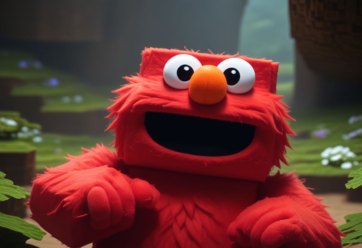 score_7_up, score_8_up, photo, BREAK, elmo in a cave, elmo holding a pickaxe,
(holding a pickaxe), smile, open mouth, red fur, orange nose, muppet eyes, minecraft style