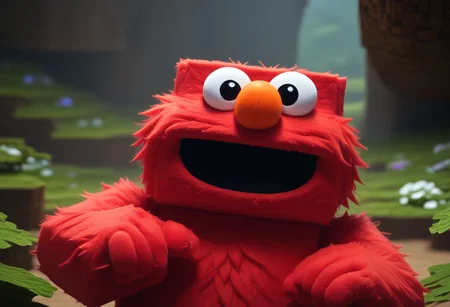 score_7_up, score_8_up, photo, BREAK, elmo in a cave, elmo holding a pickaxe,
(holding a pickaxe), smile, open mouth, red fur, orange nose, muppet eyes, minecraft style