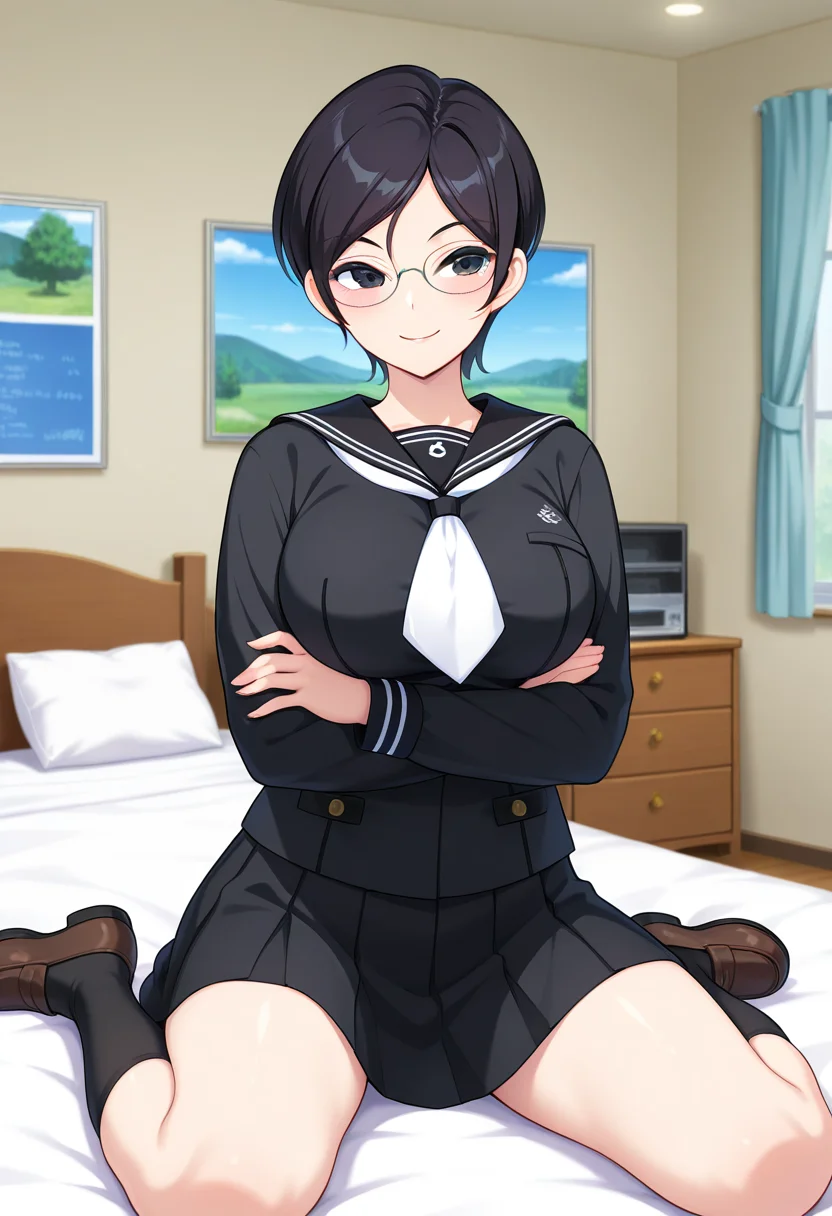 masterpiece, best quality, amazing quality, absurdres, 1girl, solo, rikoww, black eyes, glasses, black hair, short hair, asymmetrical bangs, large breasts, school uniform, black serafuku, black sailor collar, white neckerchief, black shirt, long sleeves, black pleated skirt, black kneehighs, loafers, <lora:Suwabe_Riko_Shinsou_Noise_ill:0.8>, sitting, wariza, on bed, smile, arms under breasts, crossed arms, bedroom, skindentation, detailed clothing folds, depth of field, sharp, high contrast, dynamic light