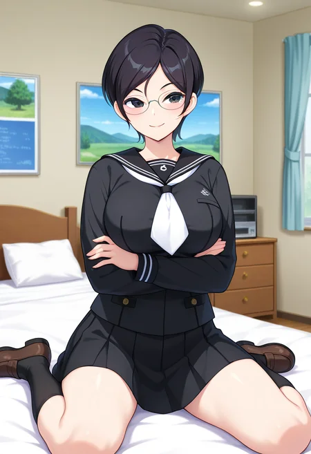 masterpiece, best quality, amazing quality, absurdres, 1girl, solo, rikoww, black eyes, glasses, black hair, short hair, asymmetrical bangs, large breasts, school uniform, black serafuku, black sailor collar, white neckerchief, black shirt, long sleeves, black pleated skirt, black kneehighs, loafers, <lora:Suwabe_Riko_Shinsou_Noise_ill:0.8>, sitting, wariza, on bed, smile, arms under breasts, crossed arms, bedroom, skindentation, detailed clothing folds, depth of field, sharp, high contrast, dynamic light