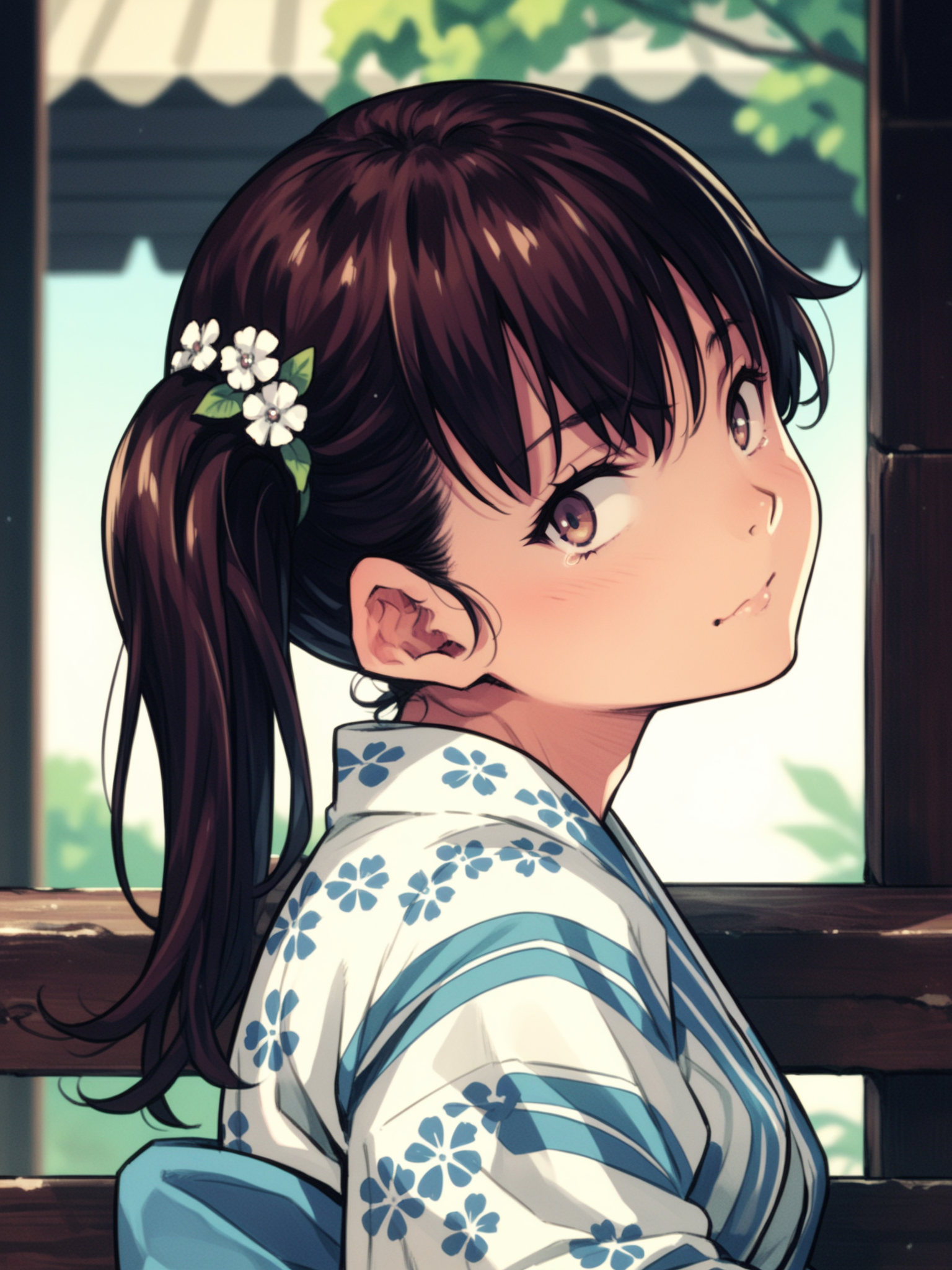 <lora:happy_tentacle-risa-v0.3-000030:1>, ht_risa, side ponytail, yukata, hair flower , outdoors, 1girl, solo, upper body , wide-eyed , (wince :1), , looking at viewer , sitting , from side , score_9, score_8_up, score_7_up, score_6_up, score_5_up, score_4_up