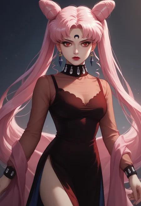 score_9,score_8_up,score_7_up, masterpiece, best quality, 1girl, black lady, 1girl, solo, long hair, red eyes, dress, twintails, jewelry, very long hair, pink hair, earrings, hair bun, see-through, double bun, makeup, facial mark, lipstick, crescent, side slit, aged up, forehead mark, cone hair bun, crescent facial mark, crystal earrings