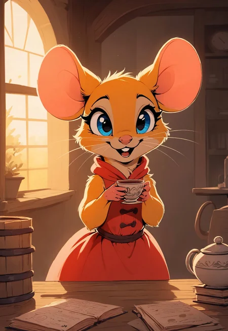 score_9, score_8_up, score_7_up, score_6_up, score_5_up, score_4_up,
[][][][][]
flat color, in the style of Beatrix Potter,
[][][][][]
A feral female mouse with fluffy fur and cheeks, depicted solo and looking irresistibly cute. She wears a short sleeveless red dress that is visible only on the upper part of her body, with yellow fur, yellow ears, and bright blue eyes. The illustration features cel-shading and backlighting with a warm color palette. The mouse is shown in a close-up upper body portrait with a head focus, displaying a content and happy expression while looking down. She is offering tea to the viewer and also gazing at them. The scene is set indoors in a cozy cottage with a (desk), ensuring only the upper body is prominently featured
[][][][][]
cel-shading, backlit, (feral:1.2), (small eyes), (open mouth:0.8),