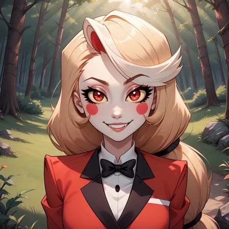 score_9, score_8, BREAK, solo, charlie from hazbin hotel, red eyes with yellow sclera, bleach white skin, rosey cheeks, golden hair, slender body, red business suit, sexy pose, self portrait, smile, outdoors, sunlight, shadows, evening lighting, natural lighting, forest, trees, grass, orange sky, sunset