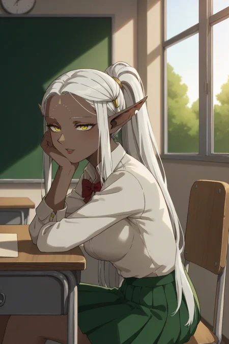 score_9, score_8_up, score_7_up, source_anime, 1girl, prefect lighting, very aesthetic, intricate details, highly detailed background, masterpiece, high quality, prefect hands, best quality, solo,
<lora:Cithis_Dungeon_Meshi_V3:.85>, yellow eyes, dark elf, pointy ears, elf, forehead mark, dark skin, white hair, long hair, half-closed eyes, notched ear, ponytail,
tschool, classroom, desk, window, trees,
white collared shirt, black pleated skirt, red bowtie,
happy, parted lips, sitting, sitting on chair, head rest, from side,
(Beautiful, medium Breasts:1.2), natural breasts,