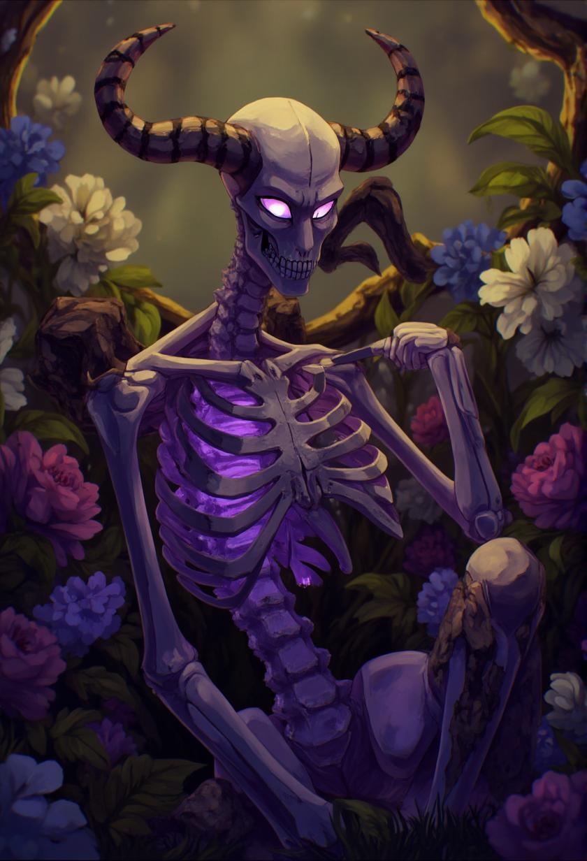 <lora:ck-LttleGhost-000011.safetensors:1> in the style of ck-lttlegh0stA skeleton figurine sits amidst a lush, vibrant floral arrangement, its eerie eyes and glowing purple skeletal details drawing the viewer in despite its macabre nature. Twisted horns sprout from its head, as if grown from the earth, adding to an aura of unsettling power.