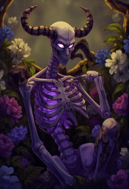 <lora:ck-LttleGhost-000011.safetensors:1> in the style of ck-lttlegh0stA skeleton figurine sits amidst a lush, vibrant floral arrangement, its eerie eyes and glowing purple skeletal details drawing the viewer in despite its macabre nature. Twisted horns sprout from its head, as if grown from the earth, adding to an aura of unsettling power.