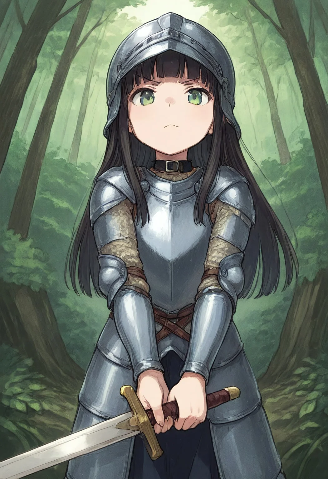 (score_9, score_8_up, score_7_up), 1girl, 18 years old, black hair, fit, slim, flat chest, young, short, straight hair, blunt bangs, long hair, green eyes, black collar, smug look, glaring at viewer, vintageillustration, plate armor, full plate armor, helmet open, visored helmet, holding sword with both hands, dueling pose, sword pointed at viewer, gleaming blade, in forest, masterpiece, perfect perspective, digital art,