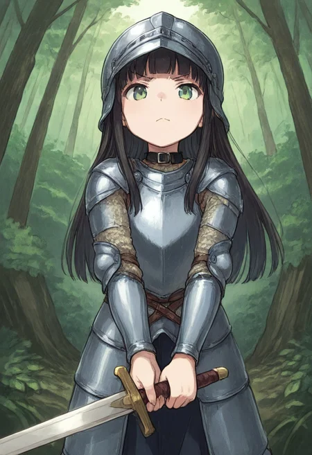 (score_9, score_8_up, score_7_up), 1girl, 18 years old, black hair, fit, slim, flat chest, young, short, straight hair, blunt bangs, long hair, green eyes, black collar, smug look, glaring at viewer, vintageillustration, plate armor, full plate armor, helmet open, visored helmet, holding sword with both hands, dueling pose, sword pointed at viewer, gleaming blade, in forest, masterpiece, perfect perspective, digital art,