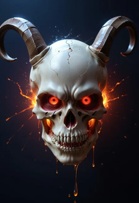 Score_9, score_8_up, score_7_up,
Break, (solo skull:1.4),
(skull made from liquid metal:1.4), (red glowing eyes:1.3), (2goat horns on sides of skull:1.3),
Break,
Floating,
Break,
(Angry expression:1.4),
Break,
(dark background:1.4),
Break,
(Facing viewer:1.4),
Break,
(Epic image:1.3), (masterpiece:1.3), detailed, ultrarealistic, (realistic:1.4),