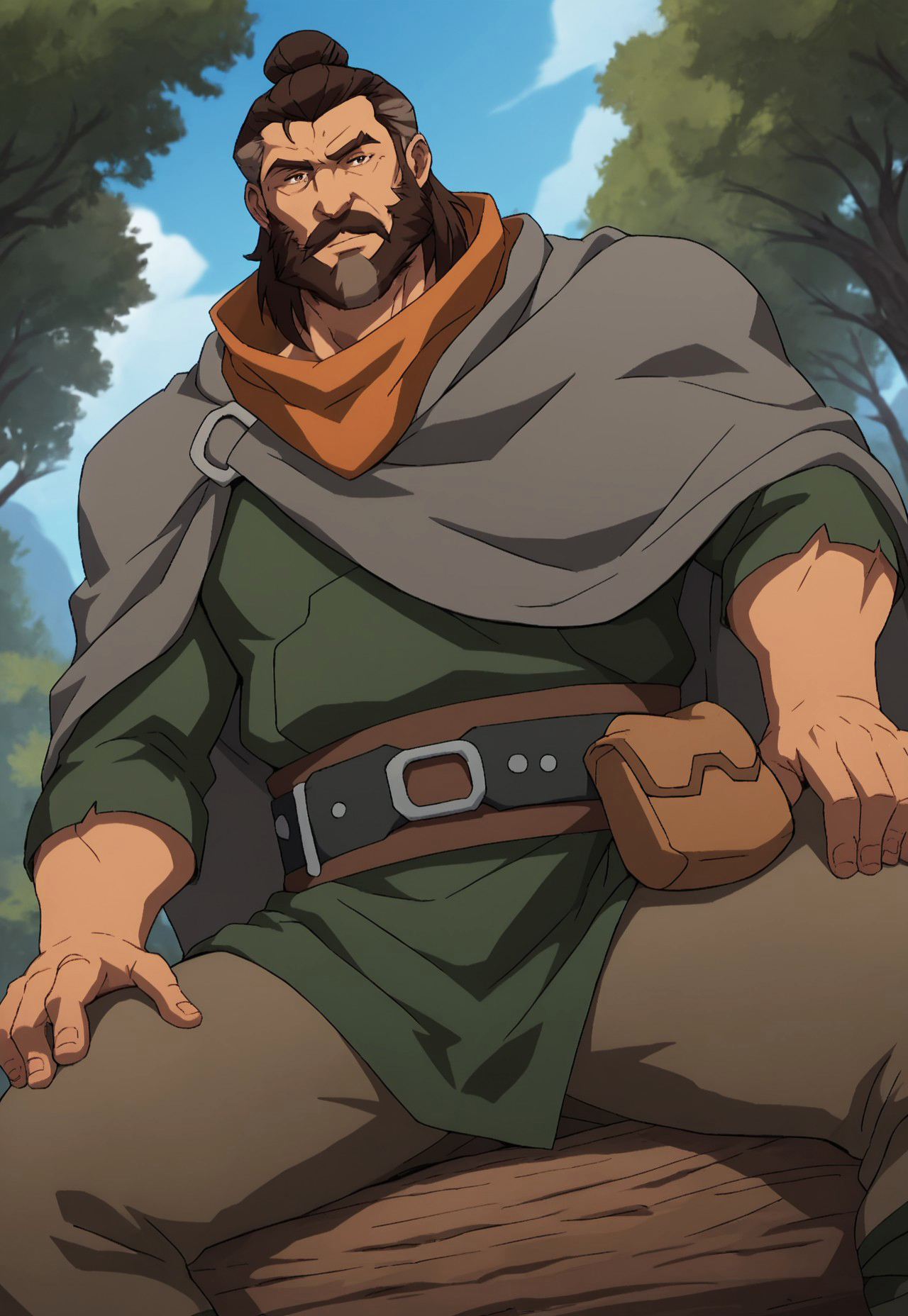 score_9, score_8_up, DuncanExile, medium hair, hair bun, two-tone hair, brown hair, greying hair, brown eyes, beard, mustache, muscular, mature male, green tunic, belt, pouch, brown pants, orange scarf, grey cloak, looking at viewer, smile, dynamic pose, detailed background, dutch angle, forest, blue sky, clouds, sitting on log, below view, spread legs,