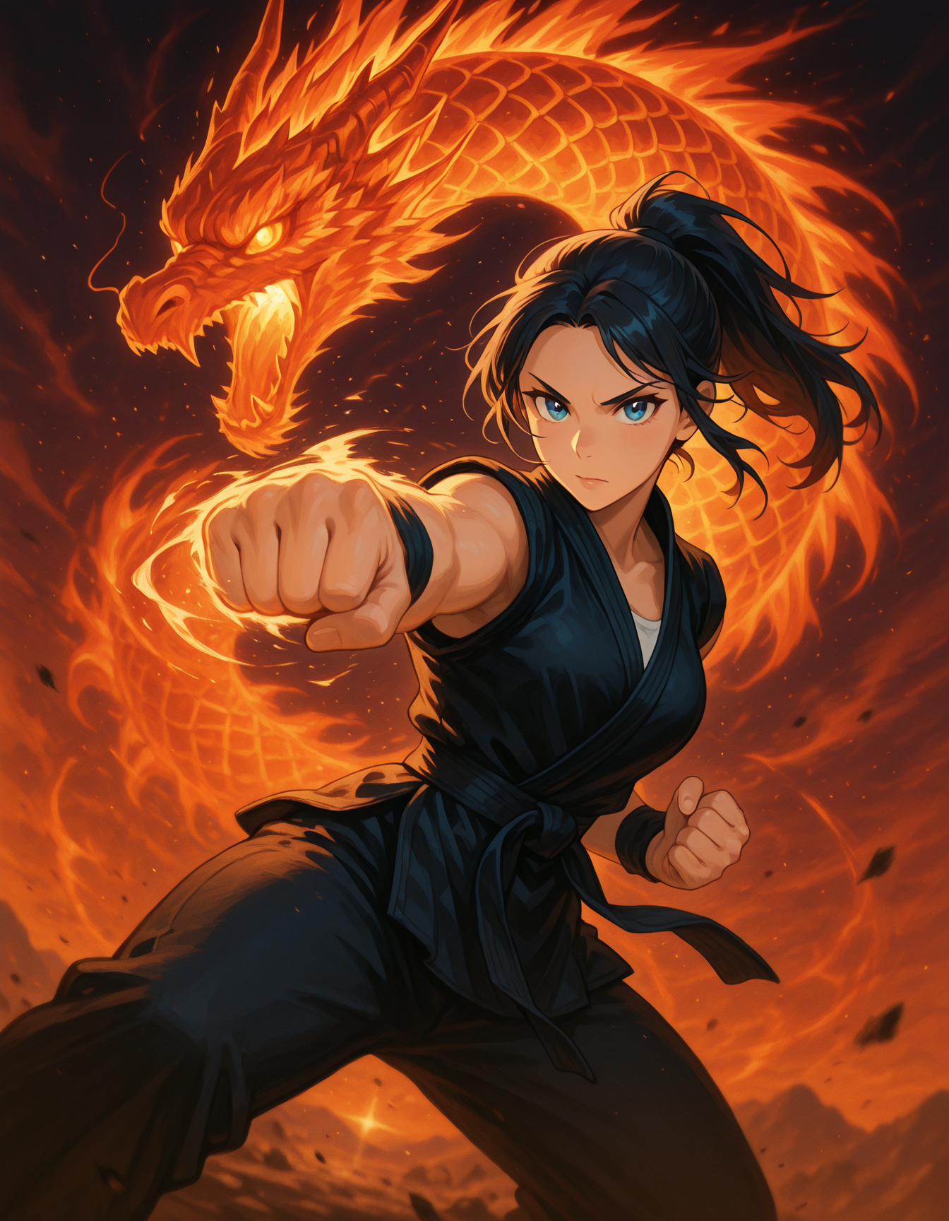 dma, Flatline, Flat vector illustration,,masterpiece, best quality, good quality, very aesthetic, absurdres, newest, 8K, depth of field, focused subject, dynamic angle, A female martial artist punches toward the viewer, but from behind her emerges two mirrored dragons â one white, one black â twisting in harmony. Her outfit is symmetrical in light and shadow tones, her eyes mismatched, and the background is a glowing yin-yang dojo of mirrored reflections..  <lora:DragonMartialArtIL:1>