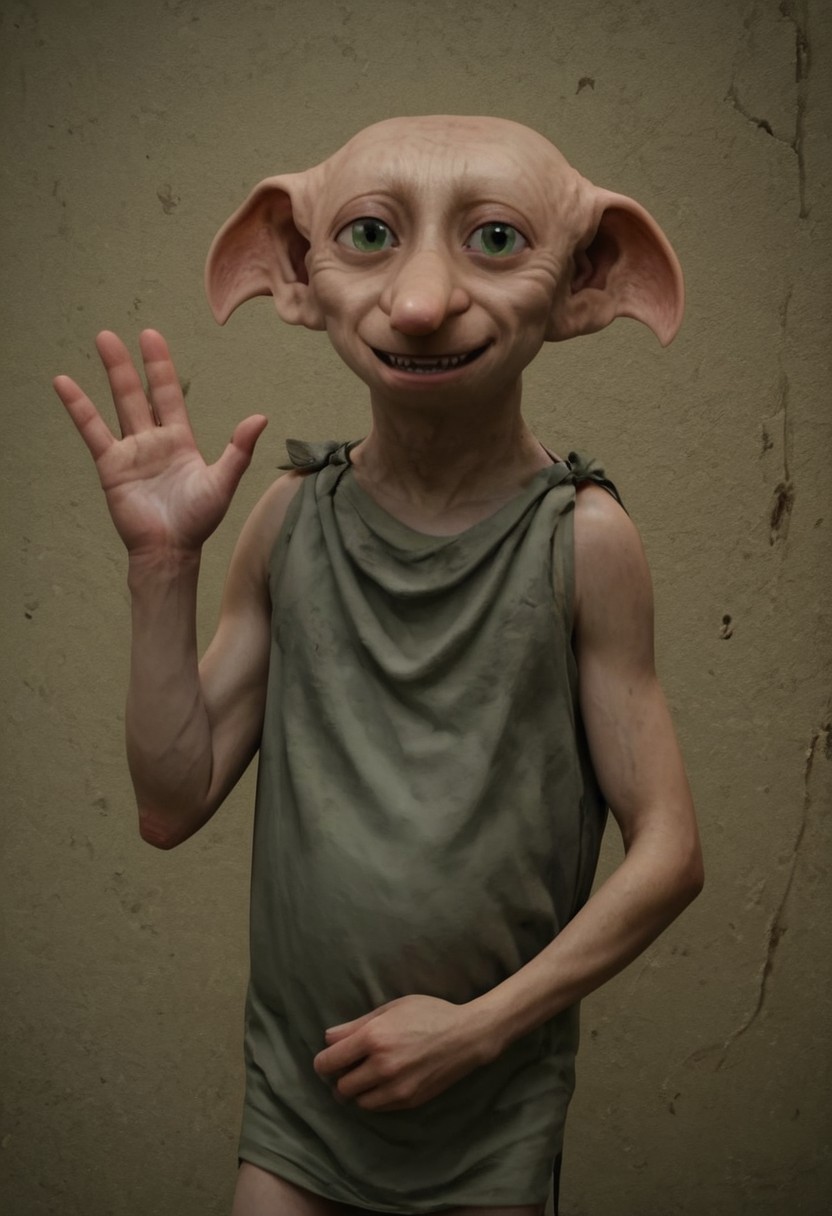 dobby_free, 1male, short, bald, large green eyes, long nose, long pointed ears, pale skin, sleeveless light grey rags clothes, brown shoes, score_8_up, score_7_up, BREAK, solo, looking at viewer, smiling, waving at viewer, male focus, looking at viewer, bedroom background, detailed background, 4k, masterpiece, best quality, highly detailed, realistic, 3d, cowboy shot