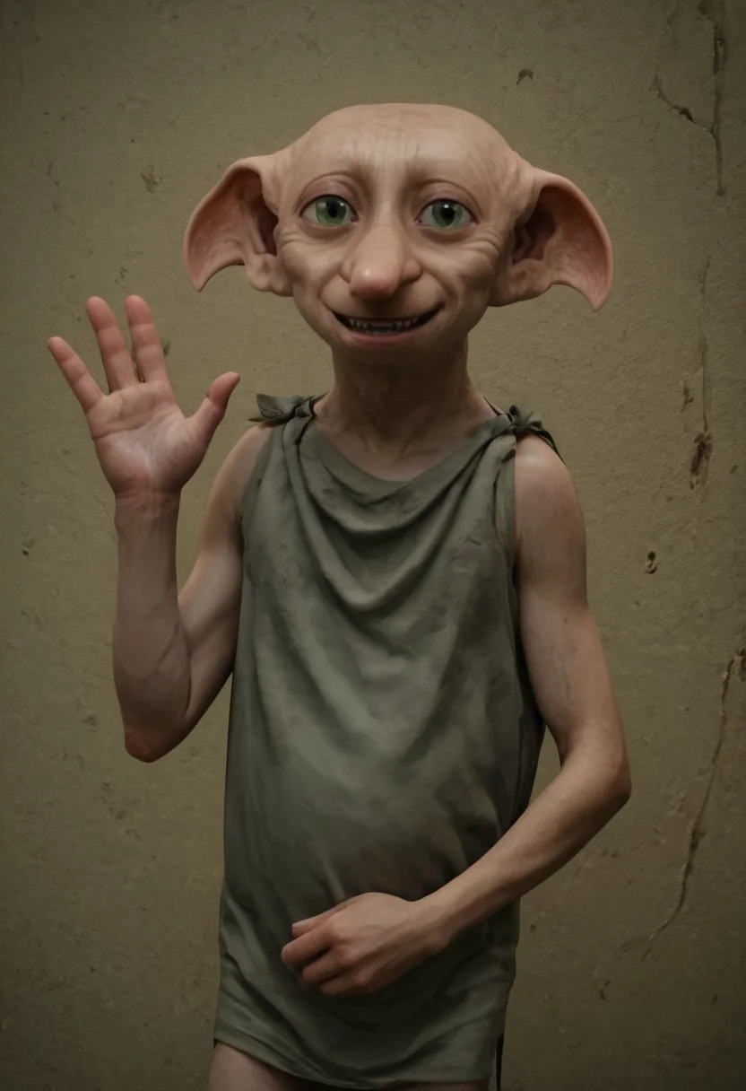dobby_free, 1male, short, bald, large green eyes, long nose, long pointed ears, pale skin, sleeveless light grey rags clothes, brown shoes, score_8_up, score_7_up, BREAK, solo, looking at viewer, smiling, waving at viewer, male focus, looking at viewer, bedroom background, detailed background, 4k, masterpiece, best quality, highly detailed, realistic, 3d, cowboy shot