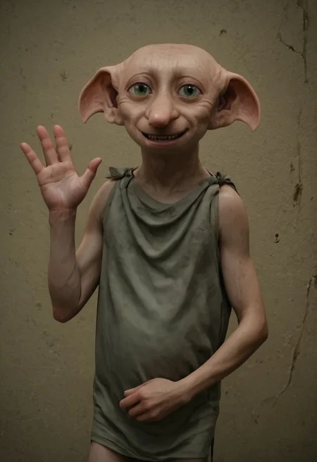 dobby_free, 1male, short, bald, large green eyes, long nose, long pointed ears, pale skin, sleeveless light grey rags clothes, brown shoes, score_8_up, score_7_up, BREAK, solo, looking at viewer, smiling, waving at viewer, male focus, looking at viewer, bedroom background, detailed background, 4k, masterpiece, best quality, highly detailed, realistic, 3d, cowboy shot