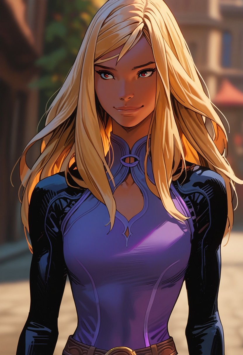 score_9,score_8_up,score_7_up, best quality, masterpiece, sangre, 1girl, solo, blonde hair, long hair, dark-skinned female, dark Skin, purple dress, black sleeves, black pants, brown belt, smile,