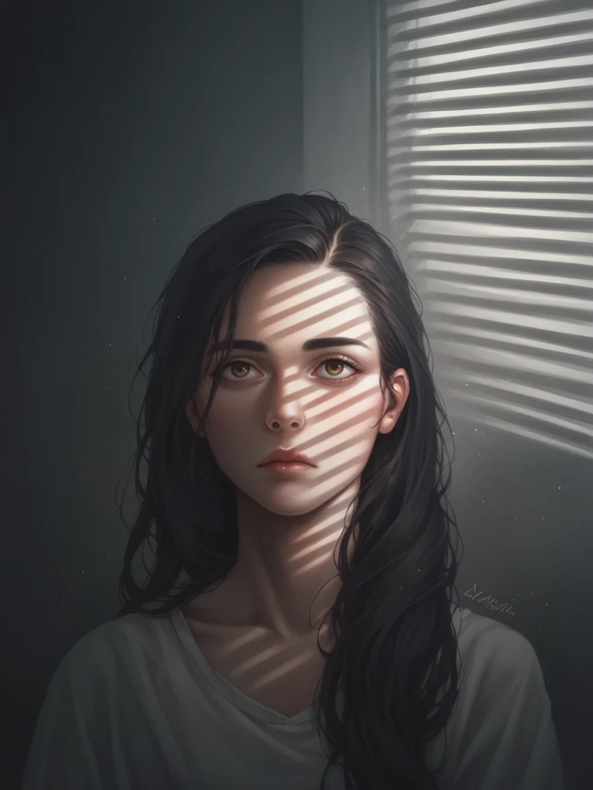 score_9, score_8_up, score_7_up, score_6_up, score_5_up, score_4_up, <lora:V3n3t14nXLP2:1> v3n3t14n, venetian blinds lighting, low light, dark room, lined lighting, long hair, 1girl, light particles, <lora:J0yc3L33XLP:0.7> j0yc3l33, closed mouth,