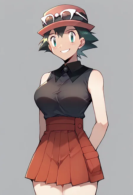 score_9, score_8_up, score_7_up, ((ash3)), black hair,
1girl, big breasts, genderswap (mtf),gender swap, solo, ketchum ash, looking at viewer, (smiling) , curvy, wide hips,, <lora:jyojimizugi_XL_V1.0:0.6> jyojimizugi,
eyewear on head, hat, pleated skirt, sunglasses, black shirt, sleeveless, red skirt, jockey hat,
serena,