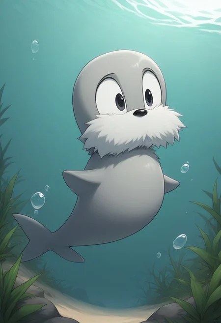 score_9, score_8_up, score_7_up, (best quality:1.1), ultra-detailed, high resolution, 8k, Rocky the Seal, gray body fur, white muzzle fur, gray tail, black eyes, swimming, underwater, sand, algae, BREAK outside, Rich, Detailed background, ambient light
