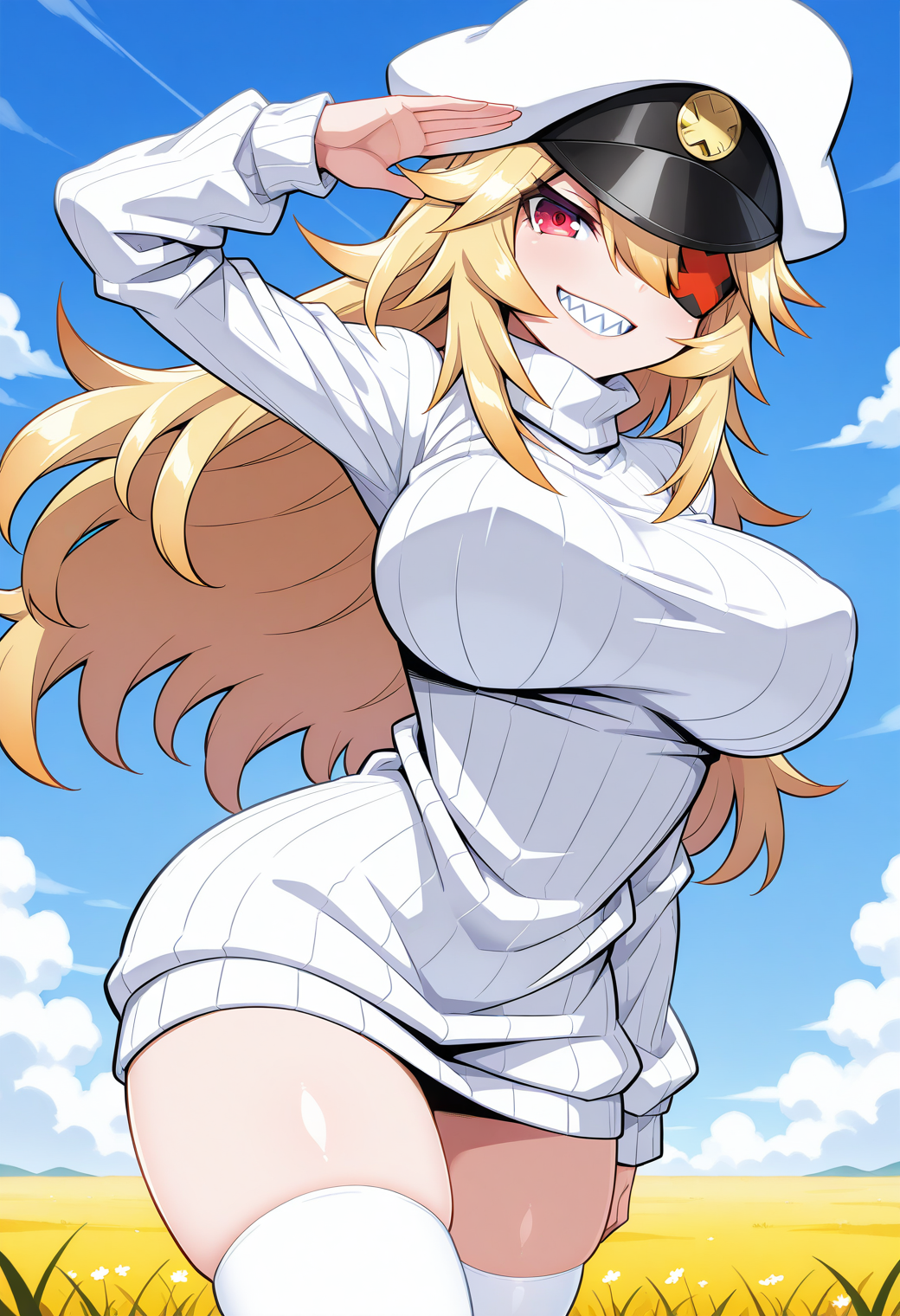 blackgeneral-san, red eyes, eyepatch, blonde hair, long hair, peaked cap, white cap, sweater dress, ribbed sweater, white sweater, turtleneck, long sleeves, white thighhighs, zettai ryouiki, <lora:blackgeneral-san_illustrious_ver1:0.8> 
1girl, solo, (field:1.2), (blue sky:1.2), looking at viewer, smile, sharp teeth,, masterpiece, best quality, general,, (cowboy shot, dynamic pose:1.4),