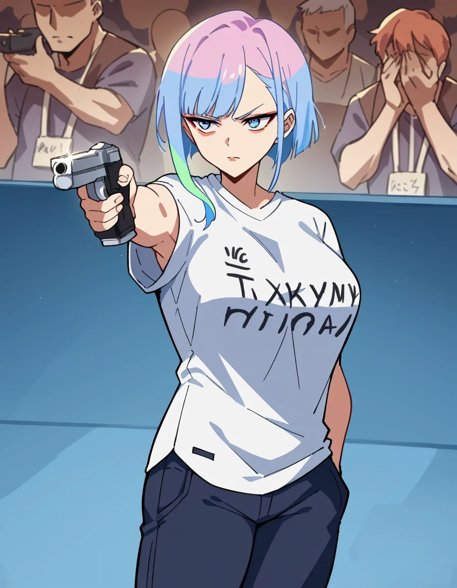 score_9, score_8_up, score_7_up, source_anime, <lora:cyberpunk-lucy-s1-ponyxl-lora-nochekaiser:1>, lucy, short hair, bangs, blue eyes, blue hair, multicolored hair, makeup, multicolored eyes, large breasts,, <lora:yusuf-dikec-ponyxl-lora-nochekaiser:1> yusuf dikec, yusuf dikec (meme), meme, hand in pocket, handgun, holding gun, gun, shirt, t-shirt, pants, audience,, , cowboy shot,
