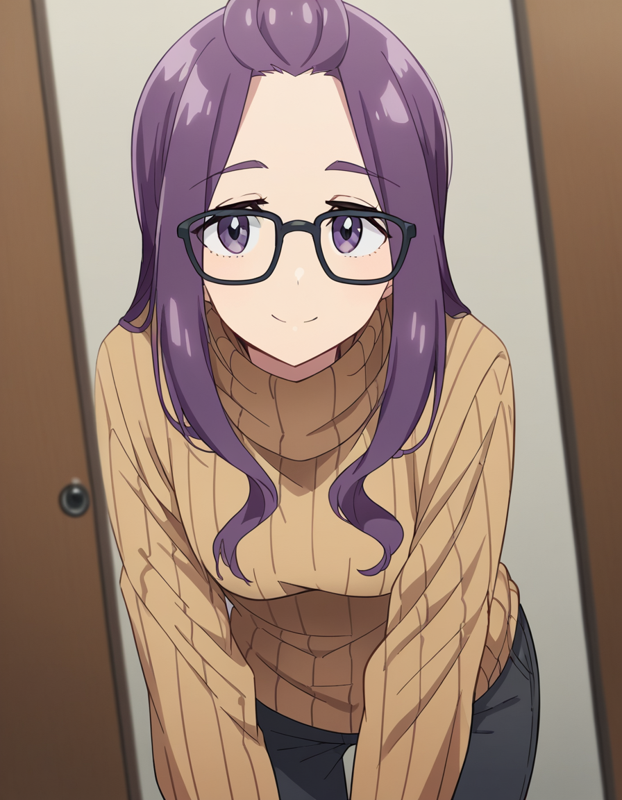 score_9, score_8_up, score_7_up, source_anime, <lora:sakura-kagamihara-s3-ponyxl-lora-nochekaiser:1>, sakura kagamihara, long hair, purple eyes, purple hair, glasses, black-framed eyewear, bangs pinned back,, long sleeves, sweater, turtleneck, ribbed sweater, turtleneck sweater, pants, denims,, indoors, bent over, smile,, looking at viewer, solo, cowboy shot, dutch angle