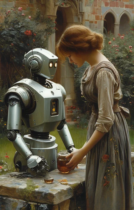 masterpiece,best quality,<lora:tbh201-sdxl:0.9>,illustration,style of Edmund Leighton
portrait of Housework robots