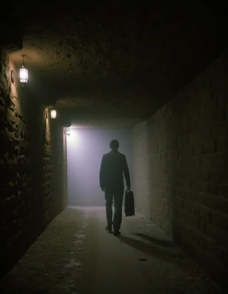 creepy scene, inside a cave with minor lighting hanging off of the side walls, foggy, in the far back distance there is a shadowy figure of a man holding a suit case, creepy ambiance, <lora:Eeriephotosflux:1> low quality, grainy, flash photo