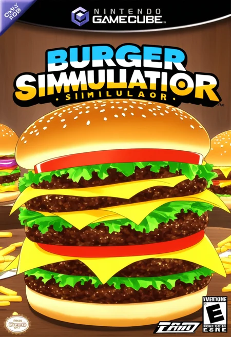 anime artwork <lora:GCNBoxArt:1> GCNBOXART, "burger simulator", title, food_focus, no_humans, . anime style, key visual, vibrant, studio anime, highly detailed