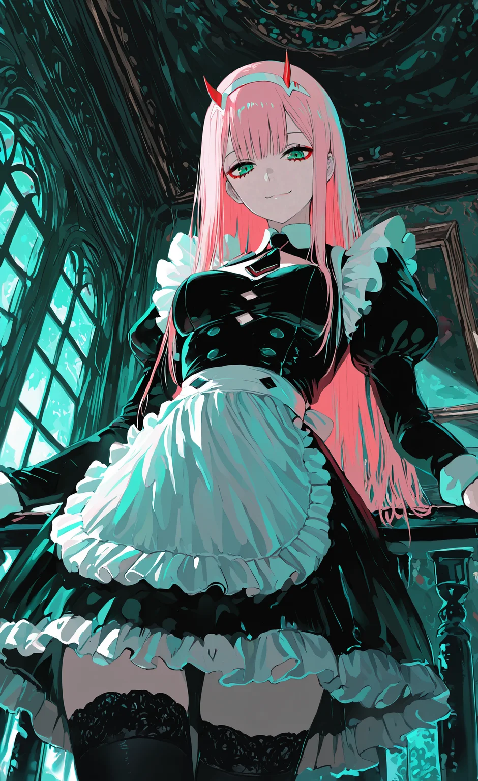 masterpiece, best quality, good quality, very awa, newest, highres, absurdres, zero two \(darling in the franxx\), 1girl, solo, long hair, breasts, looking at viewer, smile, long sleeves, dress, thighhighs, closed mouth, medium breasts, standing, green eyes, pink hair, frills, hairband, horns, alternate costume, indoors, puffy sleeves, black thighhighs, black dress, apron, aqua eyes, maid, window, from below, juliet sleeves, white apron, straight hair, waist apron, maid apron, white hairband, enmaided, railing, red horns, picture frame, short necktie, limited palette, xxx667_illu,
15546+456868 <lora:illustriousXL_stabilizer_v1.23:0.3> <lora:NOOB_vp1_detailer_by_volnovik_v1:0.3> <lora:ponyv6_noobE11_2_adamW-000017:0.3> <lora:114558v4df2fsdf5:0.6> <lora:XXX667:0.4> <lora:mon_monmon2133:0.5>