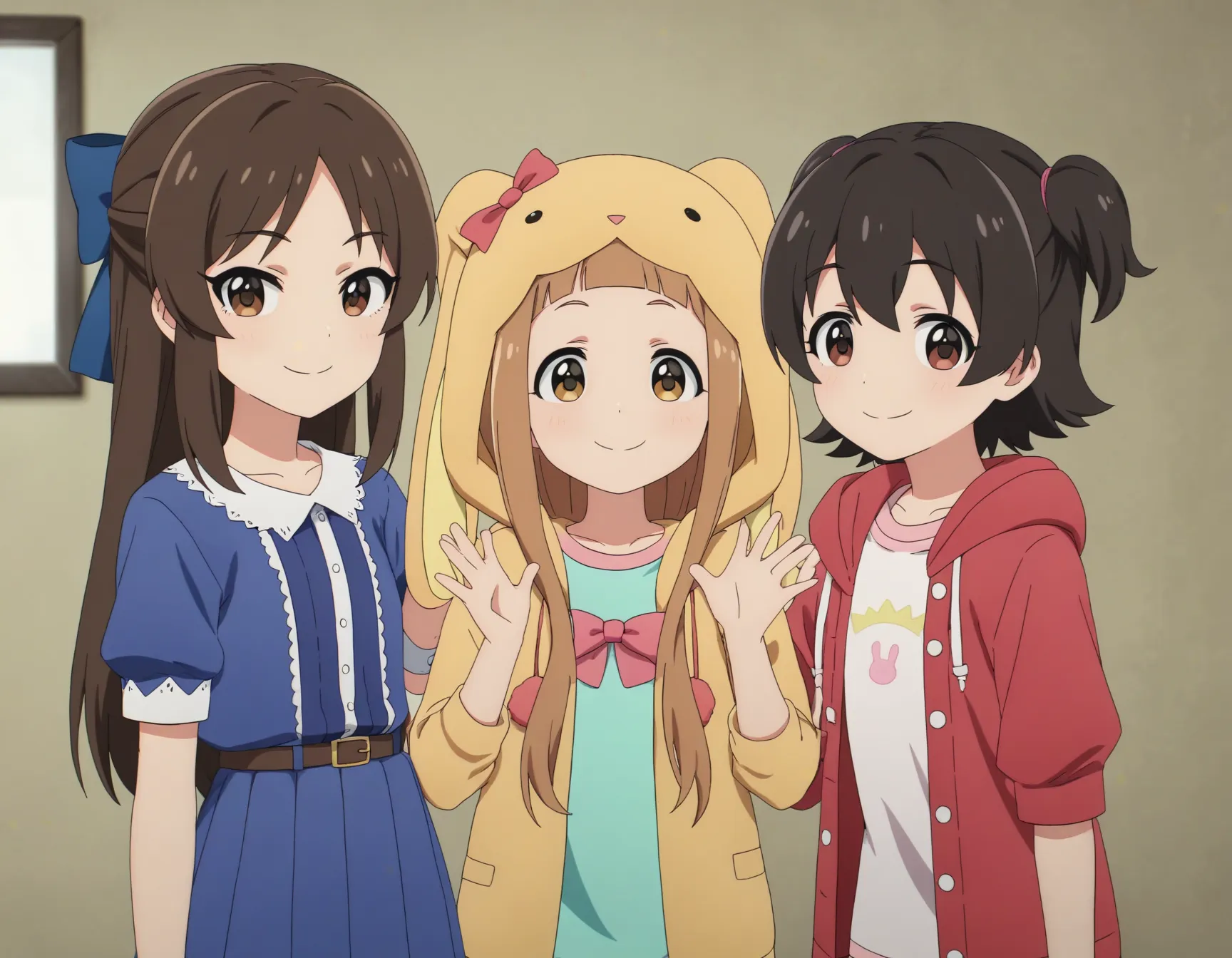 score_9, score_8_up, score_7_up, best quality,  4k, prefect lighting, rating_explicit,newest,official art,looking at viewer,upper body,smile, flat chest,
ADDCOMM
3girls,tcbnarisu_AA,tachibana arisu, brown hair, brown eyes, long hair, bangs , blue dress,hair bow ADDCOL
3girls,ichrnina_AA,ichihara nina,  long hair, brown hair, brown eyes, bangs, blunt bangs, hood, hood up, bow, hoodie, hands up, rabbit costume,striped thighhighs ADDCOL
3girls,akgmiria_AA,akagi miria, brown eyes, two side up, short hair, black hair, red hoodie,hooded jacket , shorts, open jacket
<lora:U149ALL_pony_v1-000040:0.6> <lora:sdxl_lightning_8step_lora:1>