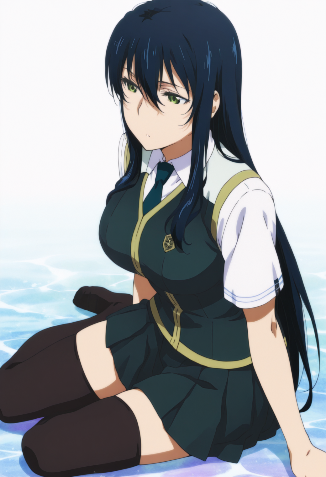 anime screencap, anime coloring, 1girl, solo,  <lora:DX888Ayaka:1> kagari ayaka, green eyes, black hair, long hair, school uniform, necktie, skirt, pantyhose, zettai ryouiki,  BREAK white background, marble background, BREAK dutch angle,  from above, from side, yokozuwari,