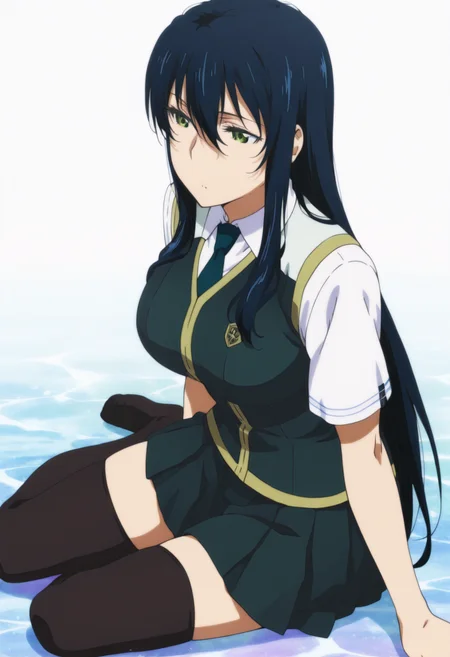 anime screencap, anime coloring, 1girl, solo, <lora:DX888Ayaka:1> kagari ayaka, green eyes, black hair, long hair, school uniform, necktie, skirt, pantyhose, zettai ryouiki, BREAK white background, marble background, BREAK dutch angle, from above, from side, yokozuwari,